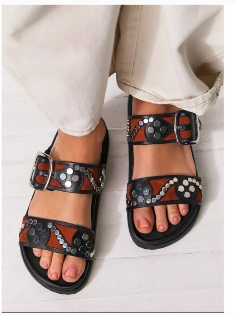 Free People Revelry Studded Sandals Flats Shoes in Black Brown Silver 10